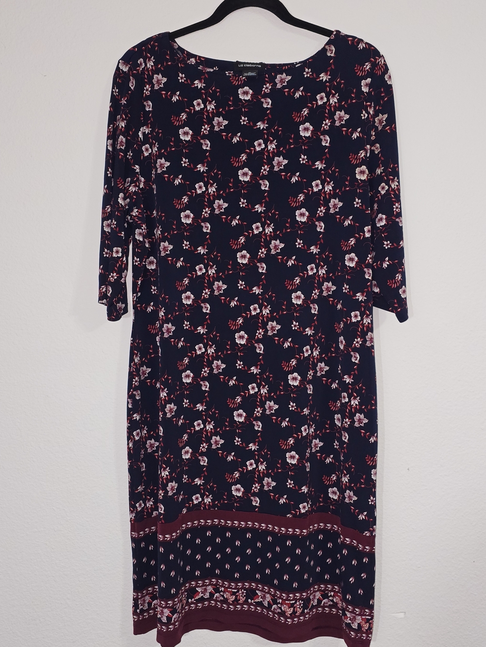 Liz Claiborne Navy Floral Midi Dress with Burgundy Trim